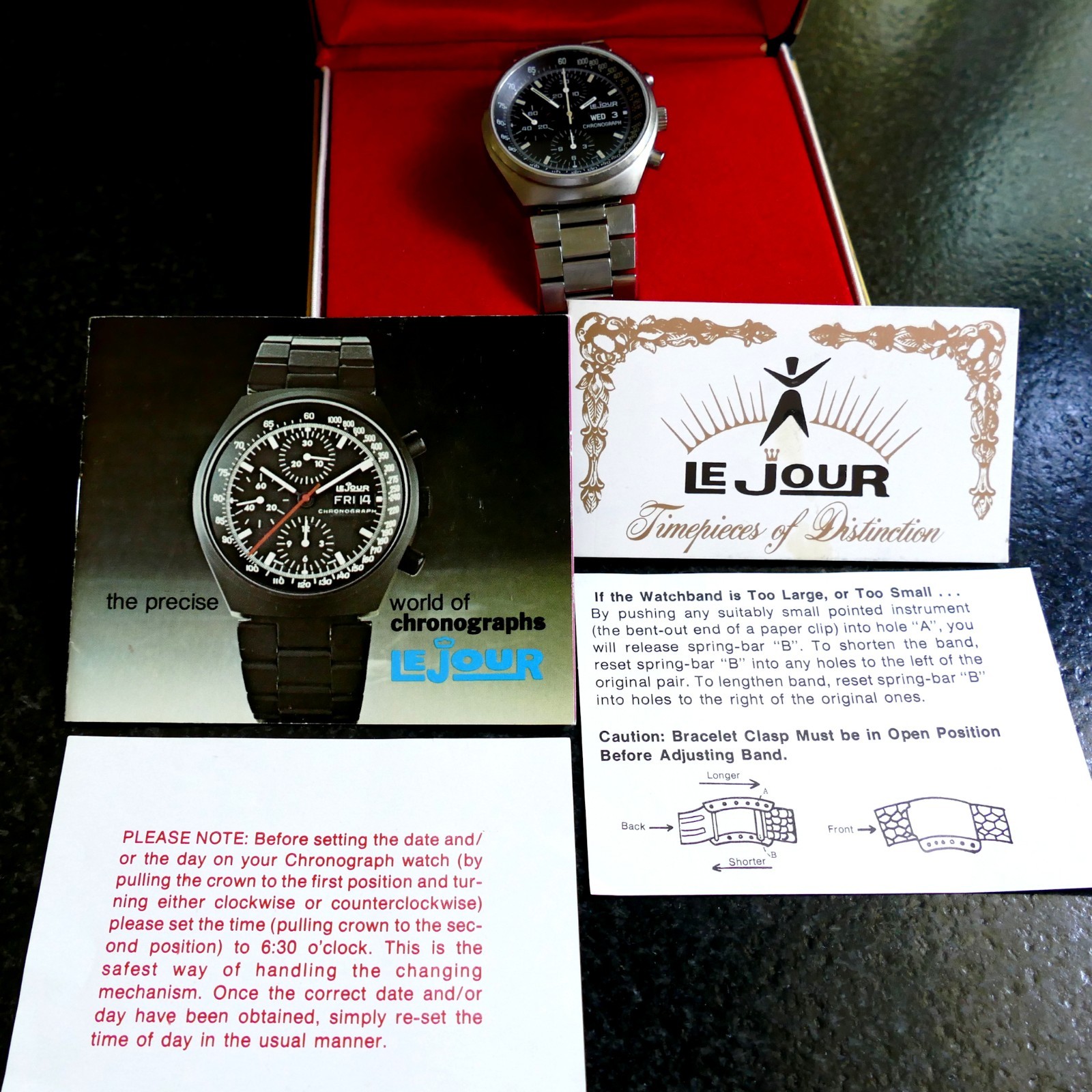 Le Jour 7500 Chronograph. Vintage Mens Luxury, Swiss Made Watch. Complete Set!