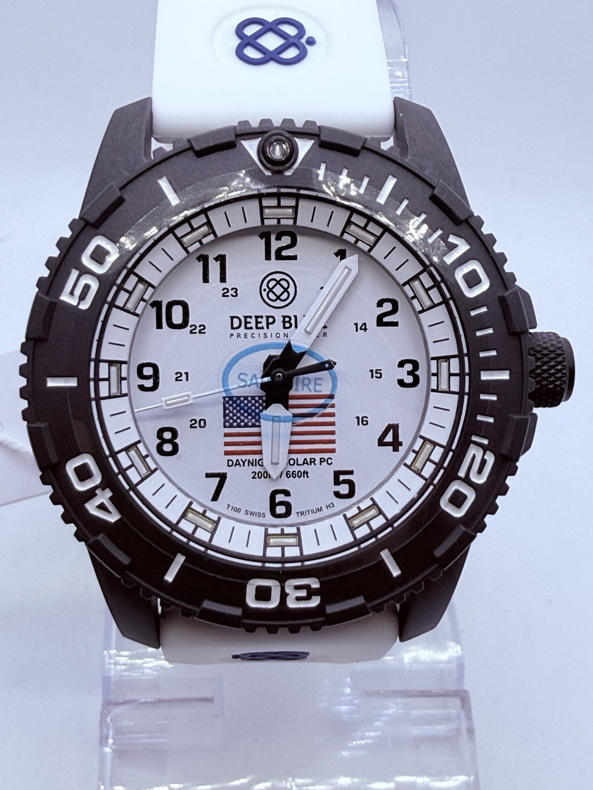 Deep Blue DAYNIGHT 43MM DIVER SOLAR POWERED PC WHITE DIAL USA🇺🇸3 COLOR TUBES‼️