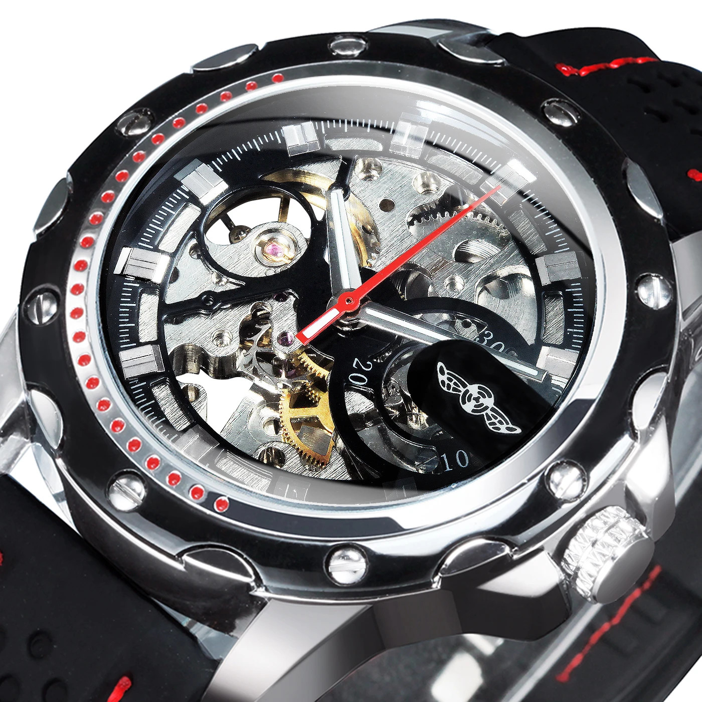 Automatic Skeleton Watch Men Mechanical Self Wind Black Rubber Strap WINNER