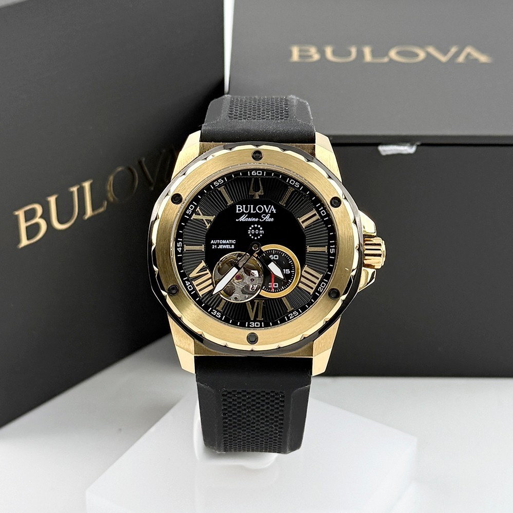 Men’s Bulova 98A272 Marine Star Automatic Silicone Black/Gold Dial Watch 45mm