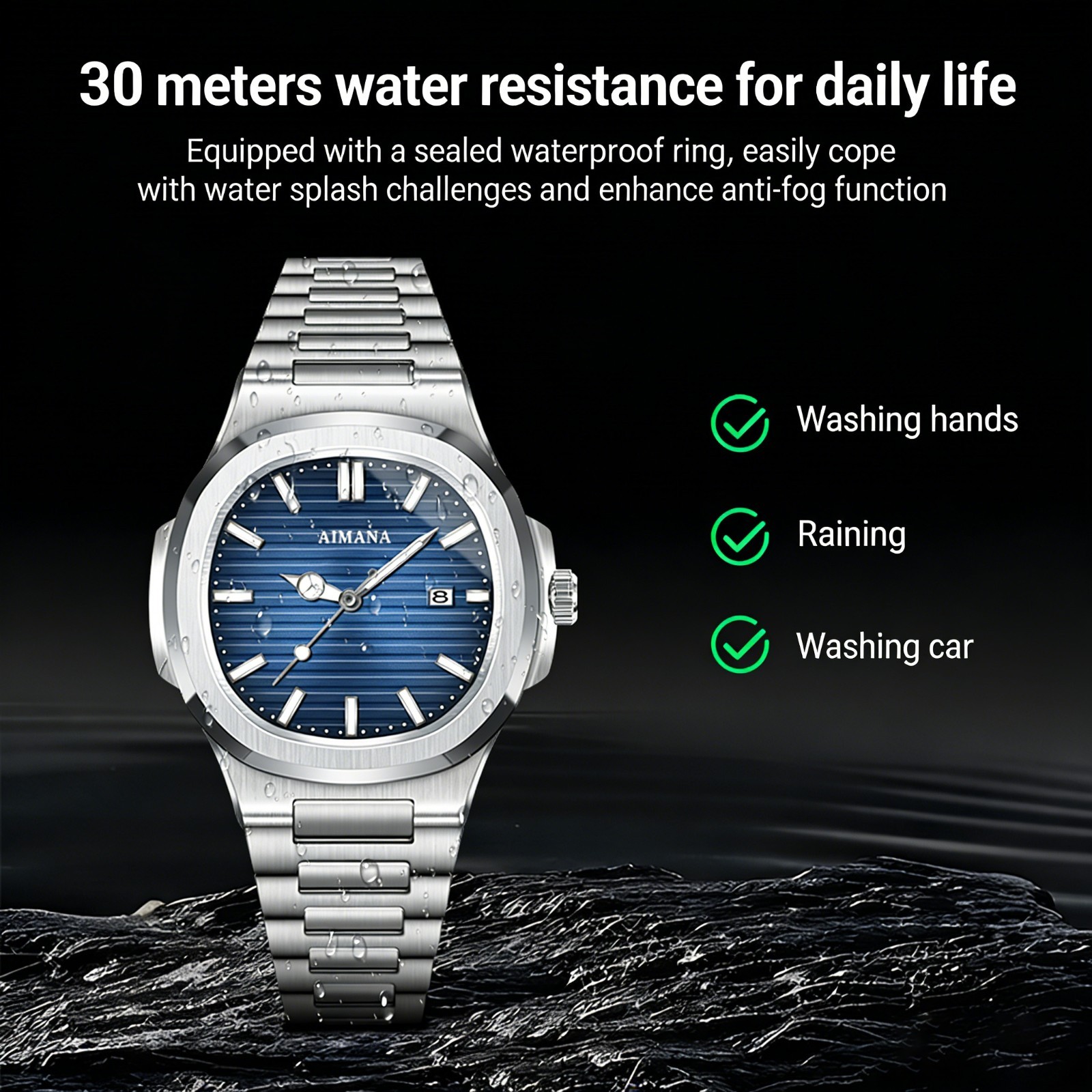 VORSEL Classic Men’s Square Quartz Watch Silver Steel Blue Dial Calendar Watches