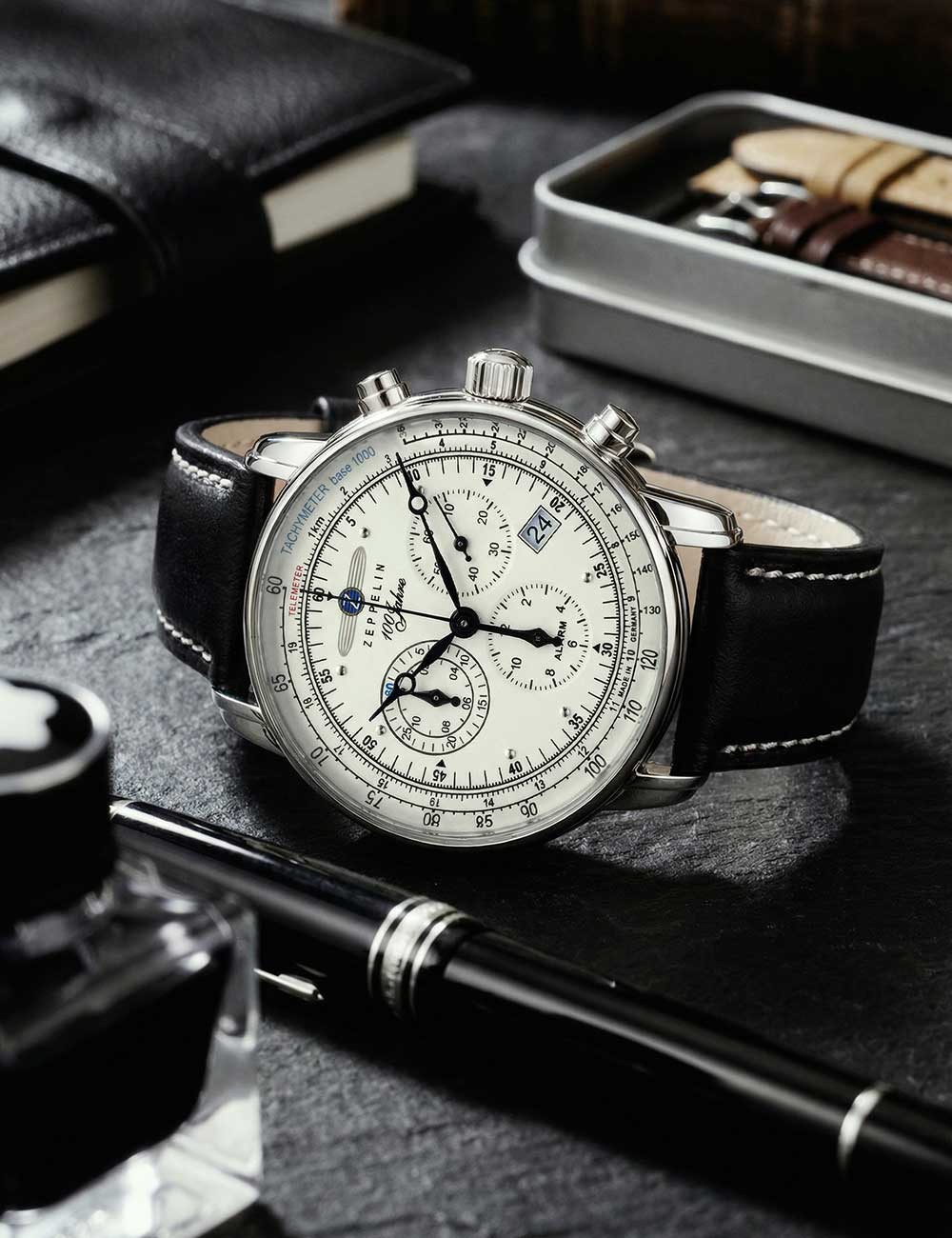Zeppelin 8680-3 Alarm Chronograph 100 Years Mens Watch 43mm 5ATM