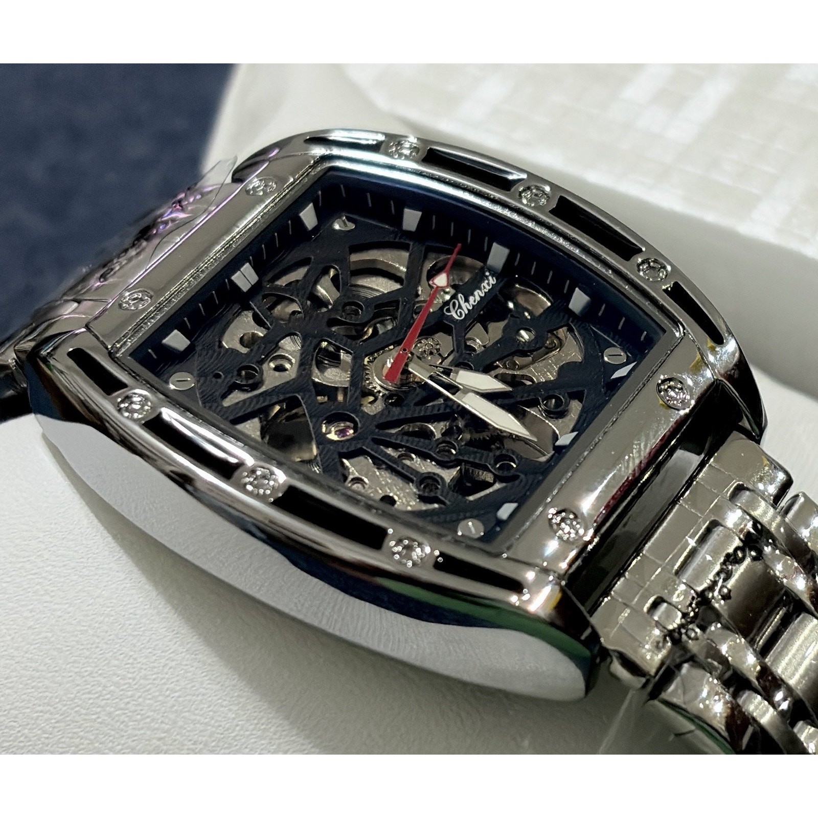 Chenxi Automatic Skeleton Watch Men’s Barrel Tonneau Stainless Steel Mechanical