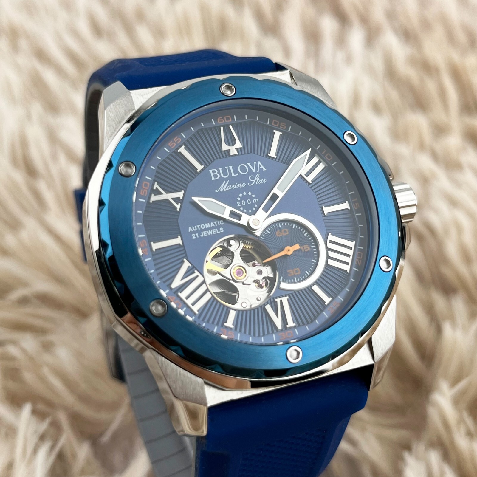 Bulova Marine Star Automatic 45mm Blue Dial Blue Rubber Strap Men’s Watch 98A303