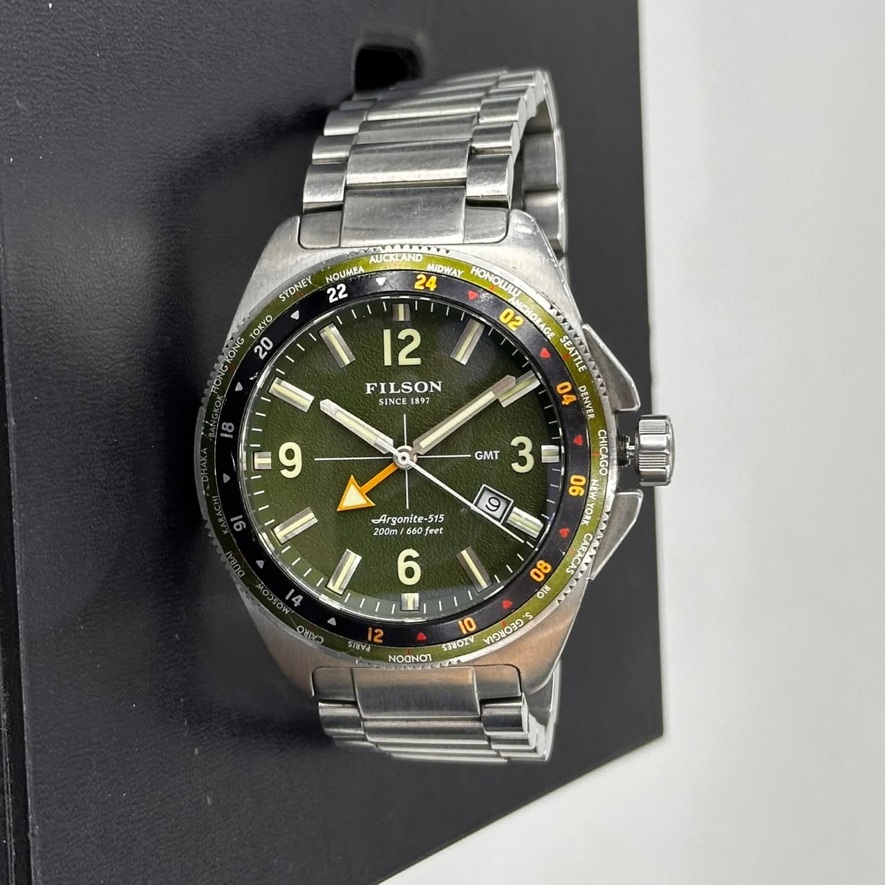 44mm Filson World Timer GMT Argonite 515 Green Dial Stainless Watch 200m