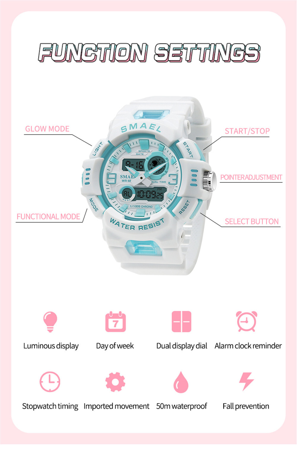 SMAEL Sport Watches Men Fashion White LED Wristwatch Boys Girls Digital Watch