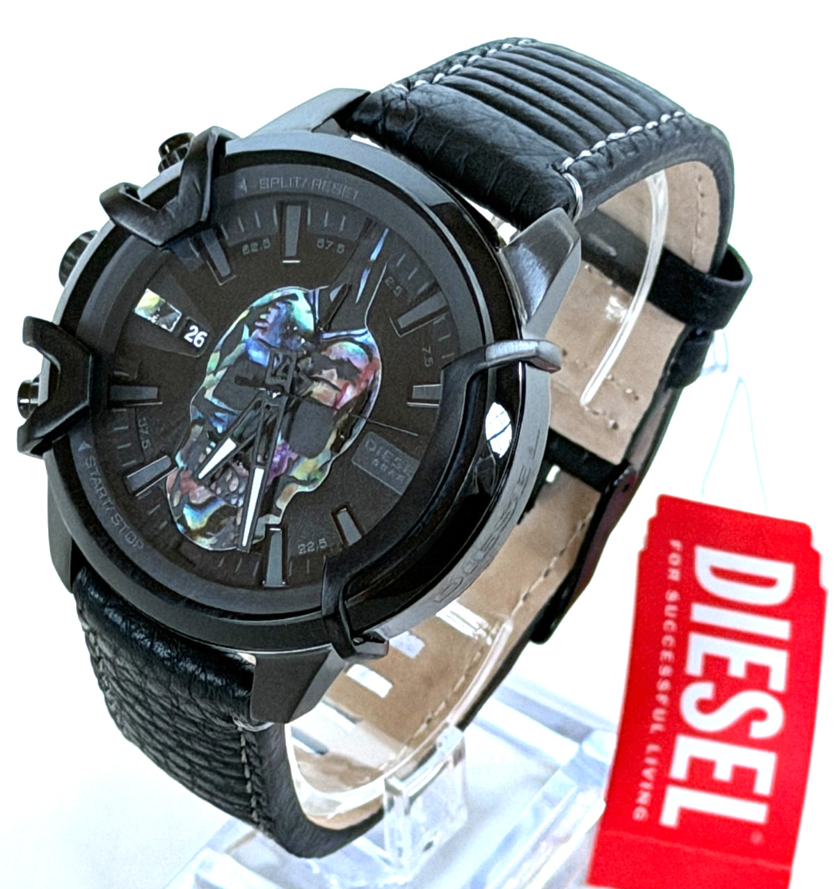 Diesel DZ4576 GRIFFED Skull Dial Black Leather Strap Watch BNWT Gift Box $270