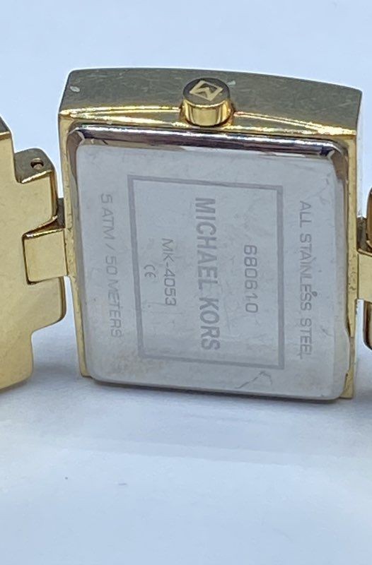 Michael Kors MK-4053 Women’s Gold Tone Square Watch White Leather Band 7″