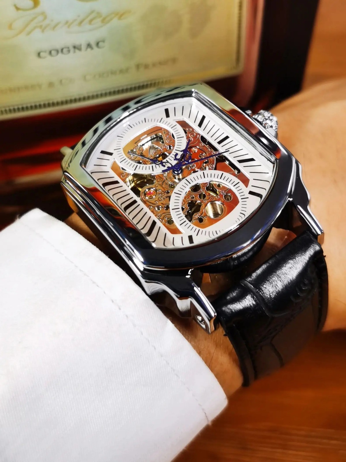 Luxury Mechanical Skeleton Watch Men Blue Hands Automatic Leather Strap Gift