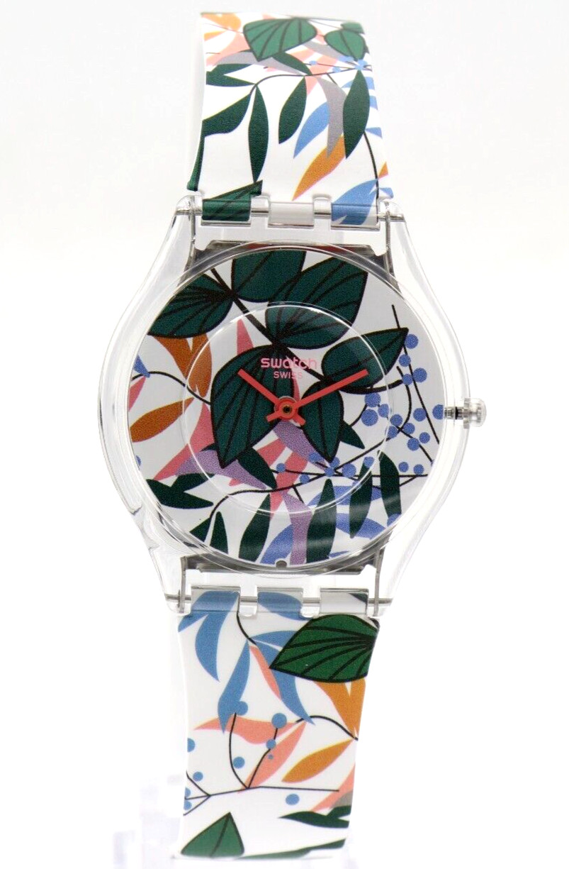 New Swiss Swatch Skin LEAVES JUNGLE Silicone Women Watch 34mm SSO8K111 $120