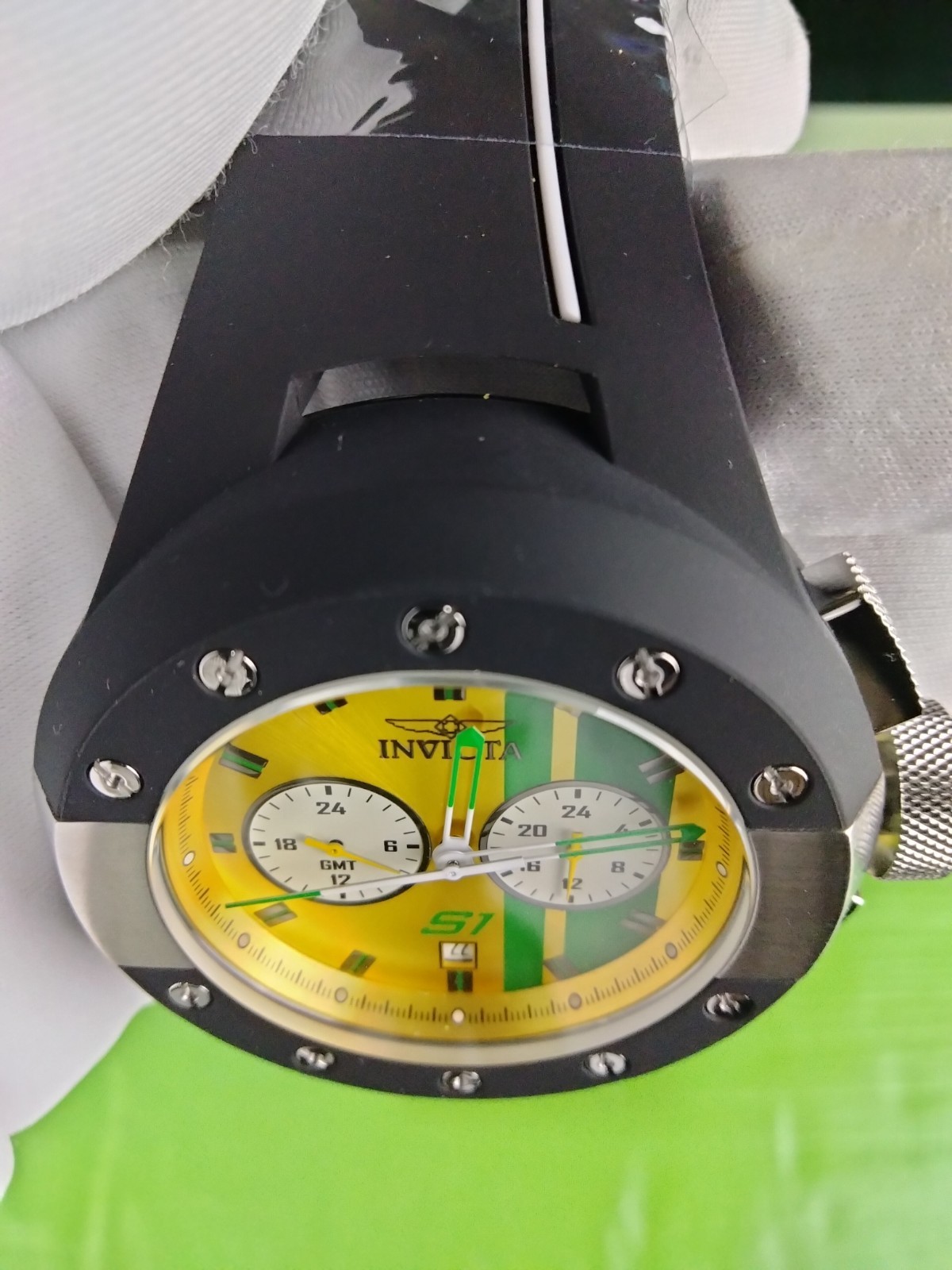 Invicta S1 Rally 44359 52mm Green Dial Black White Strap Watch