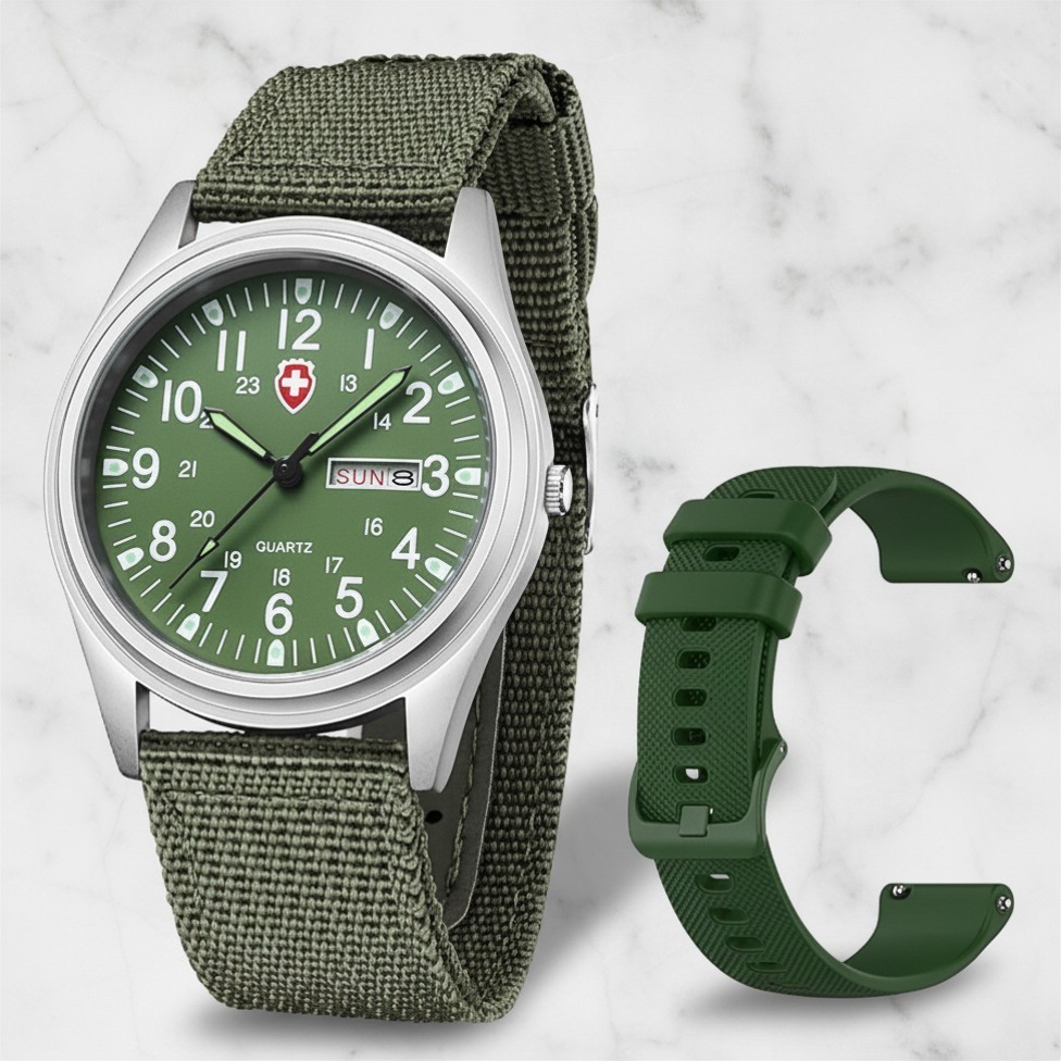 Swiss Style Unisex Military 42 mm Watch Sport Textile Green Nylon Strap Luminous
