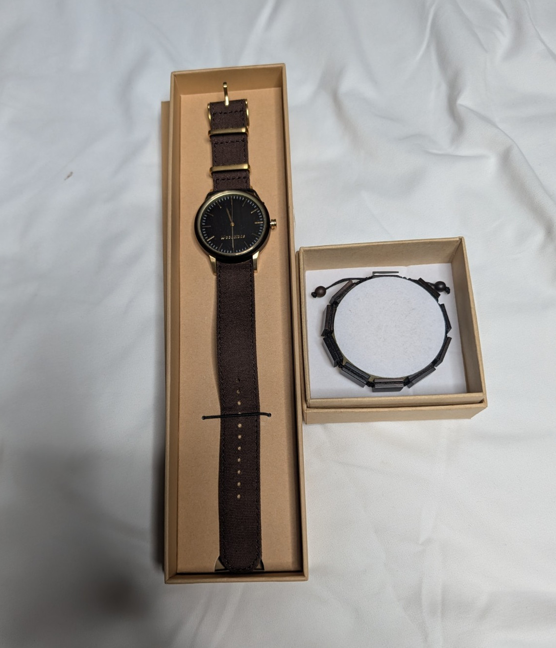 Woodstone Men’s Analog Wristwatch Black Round Dial, Brown Canvas Strap, Box