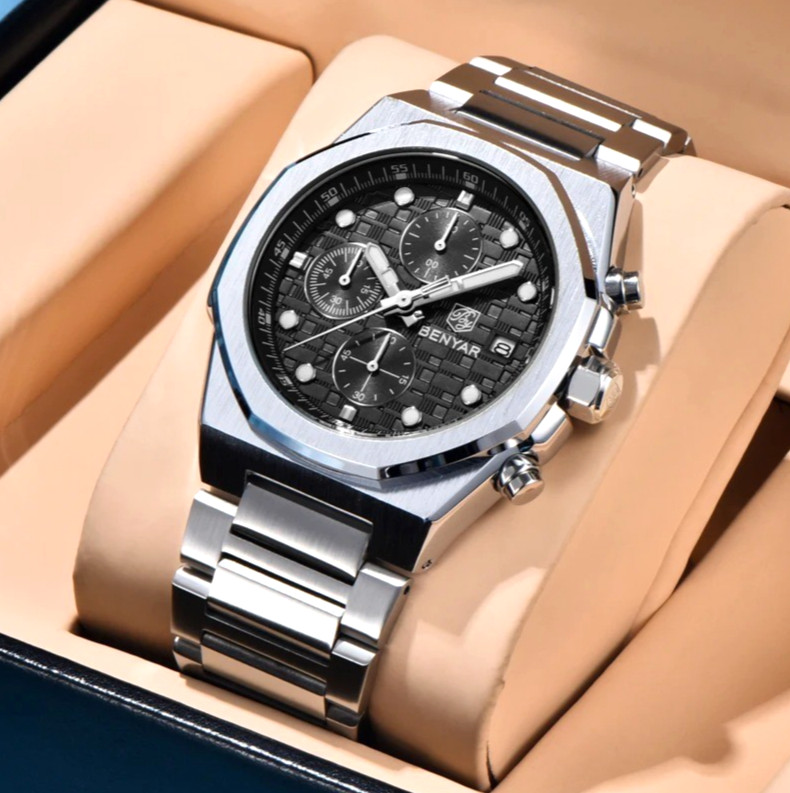 40MM BENYAR Quartz Luxury Watch Mens Stainless Steel 30M Waterproof Luminous NEW