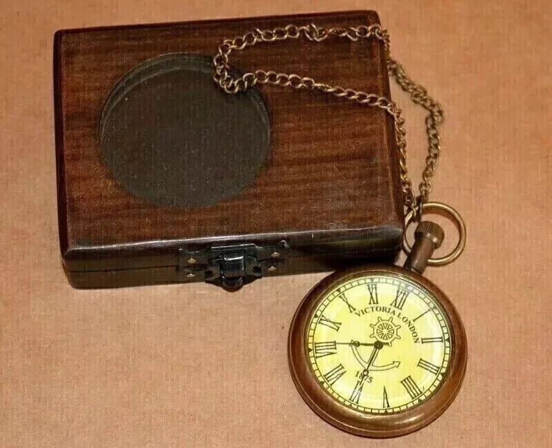 Antique Vintage Maritime Victoria London 1875 Brass Pocket Watch with Wooden Box