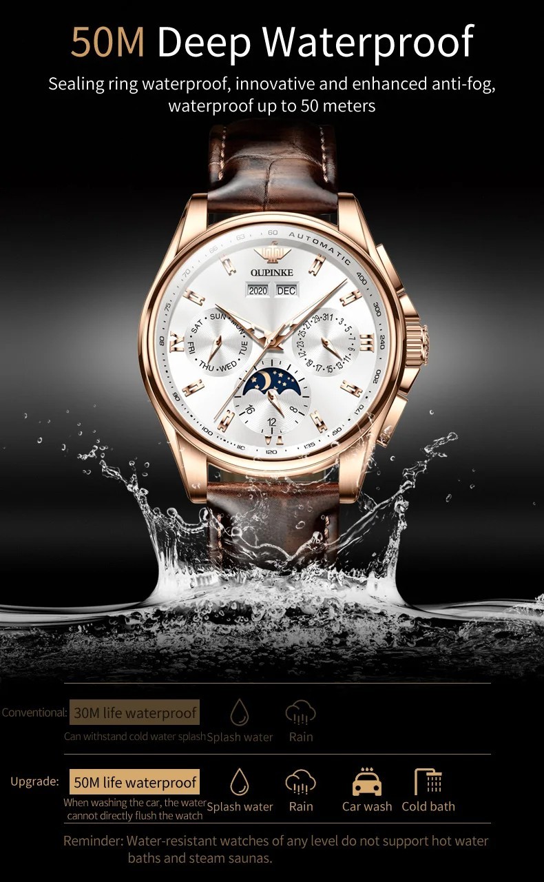 Automatic Mechanical Watch Waterproof Moon Phase Luxury Dial Men’s Men Strap