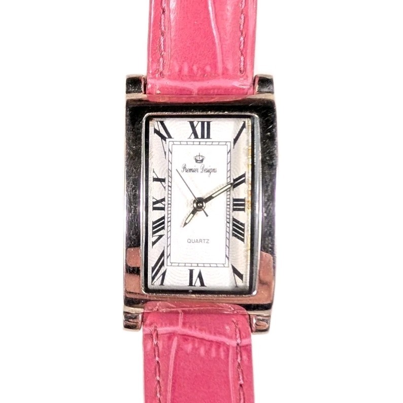 Premier Designs Women’s Ladies Watch Silver Tone Pink Leather Band Rectangle