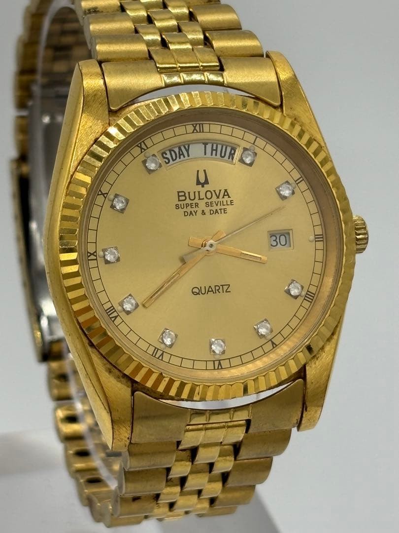 BULOVA Super Seville Quartz Men’s Watch Gold Dial Day Date 35mm 18.5cm