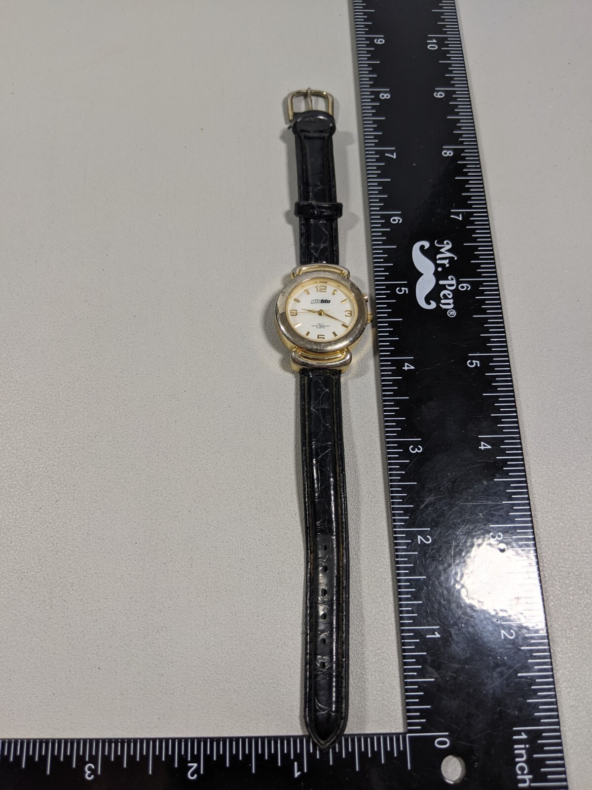 Glo Blue White Dial Round Gold Tone Case 38 mm Black Band Watch
