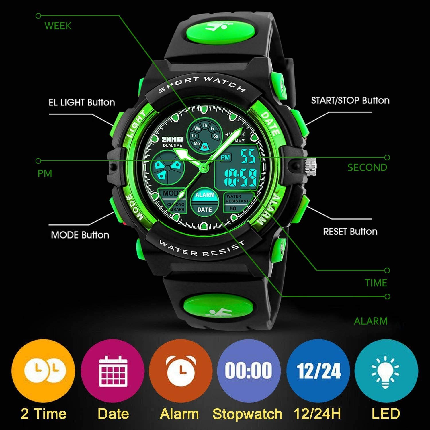 Kids Waterproof Sport Watch – Digital Analog Quartz, Alarm & Stopwatch, Outdoor