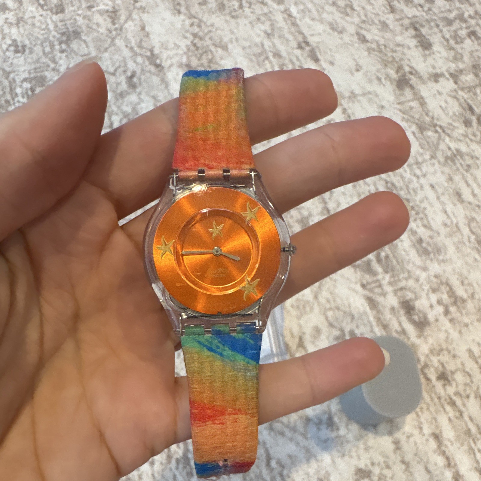 Swatch Quartz Analog Orange Dial Clear Plastic Case Multicolor Leather Strap