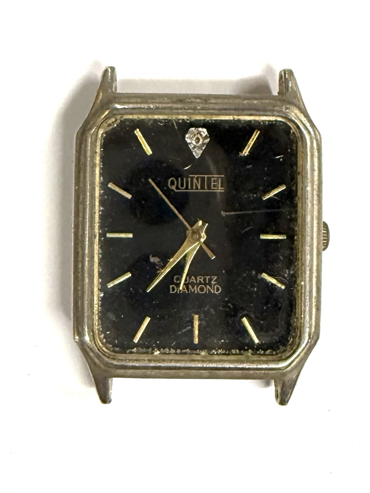 Vintage Quintel Quartz Diamond Tank Watch V121 Made In Hong Kong Black Dial