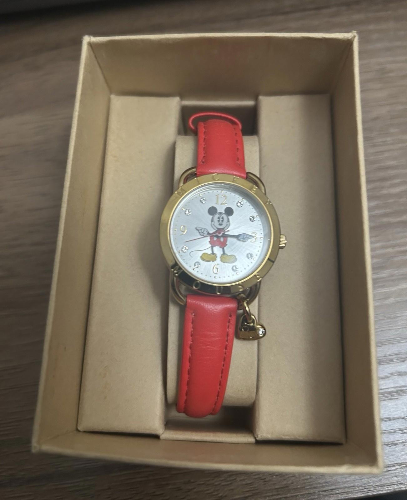 Vintage Mickey Mouse Gold Watch with Heart Charm & Pink Strap TESTED