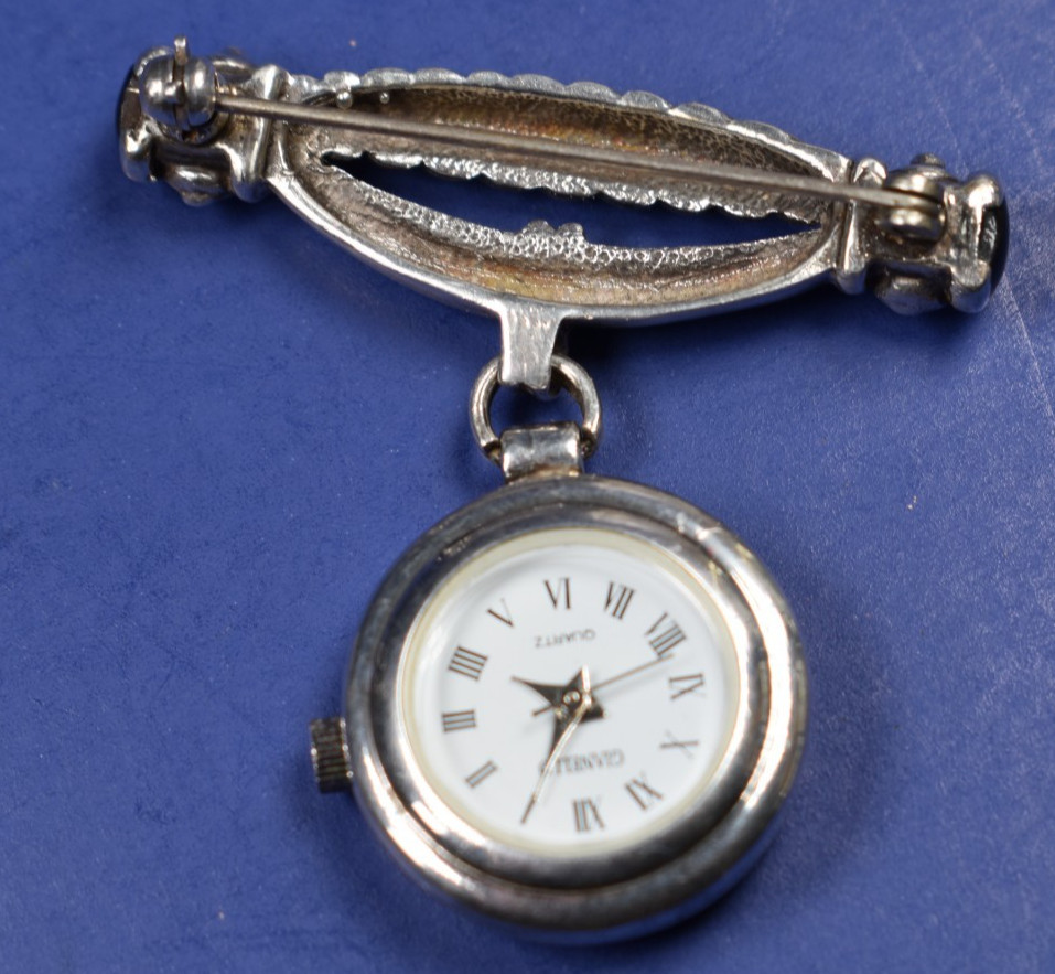 Vintage GIANELLO STERLING SILVER 925 ONYX WATCH BROOCH PIN RUNS MADE SINGAPORE