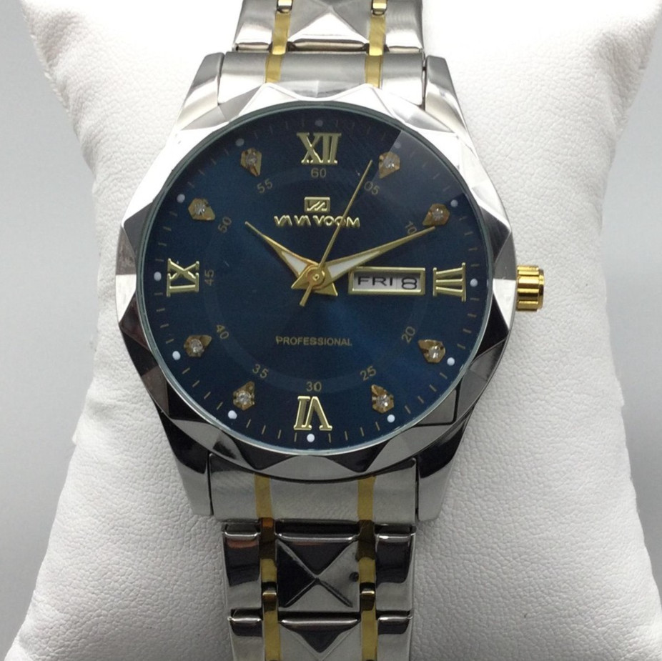 VA VA VOOM Watch Mens 41mm Blue Dial Day Date Two-Tone Stainless VA-273 8.75″