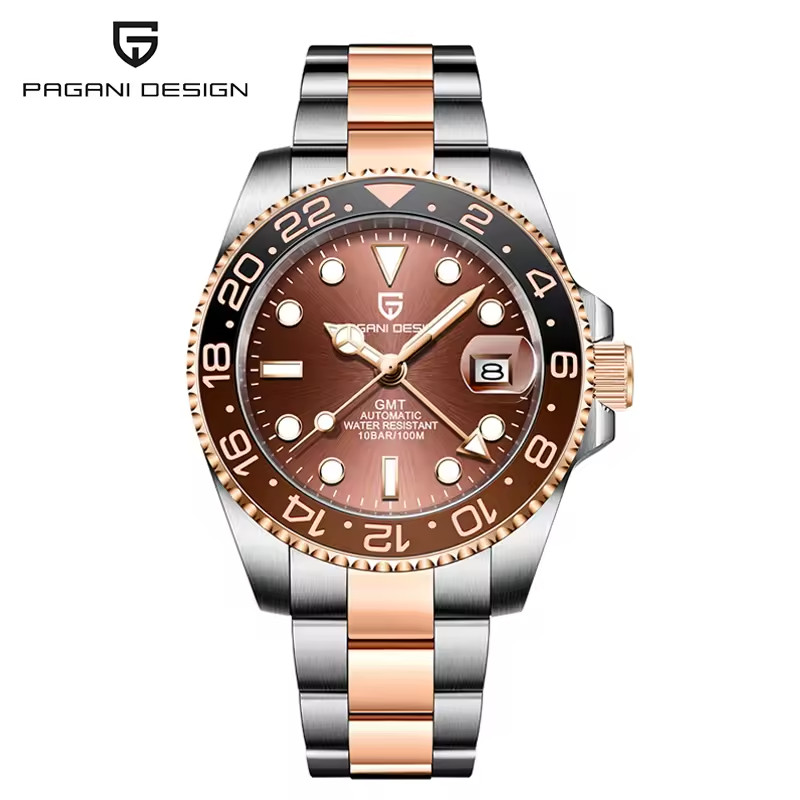 🔥USA🔥Pagani Design PD-1662 Master GMT Oyster Rose gold black coco Bezel Watch