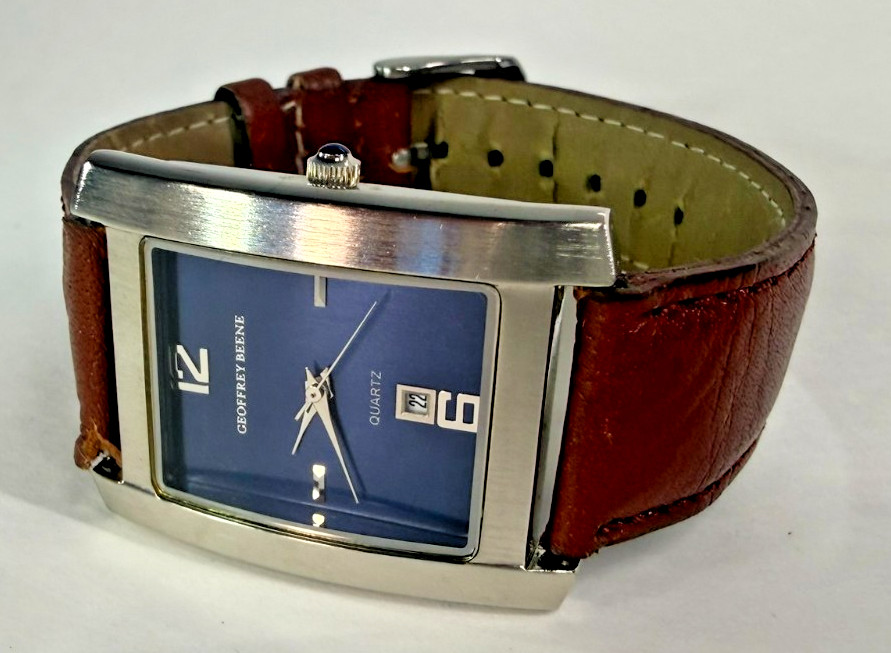 Geoffrey Beene GBM165 Wide Rectangular Navy Blue Dial Date Brown Leather Watch