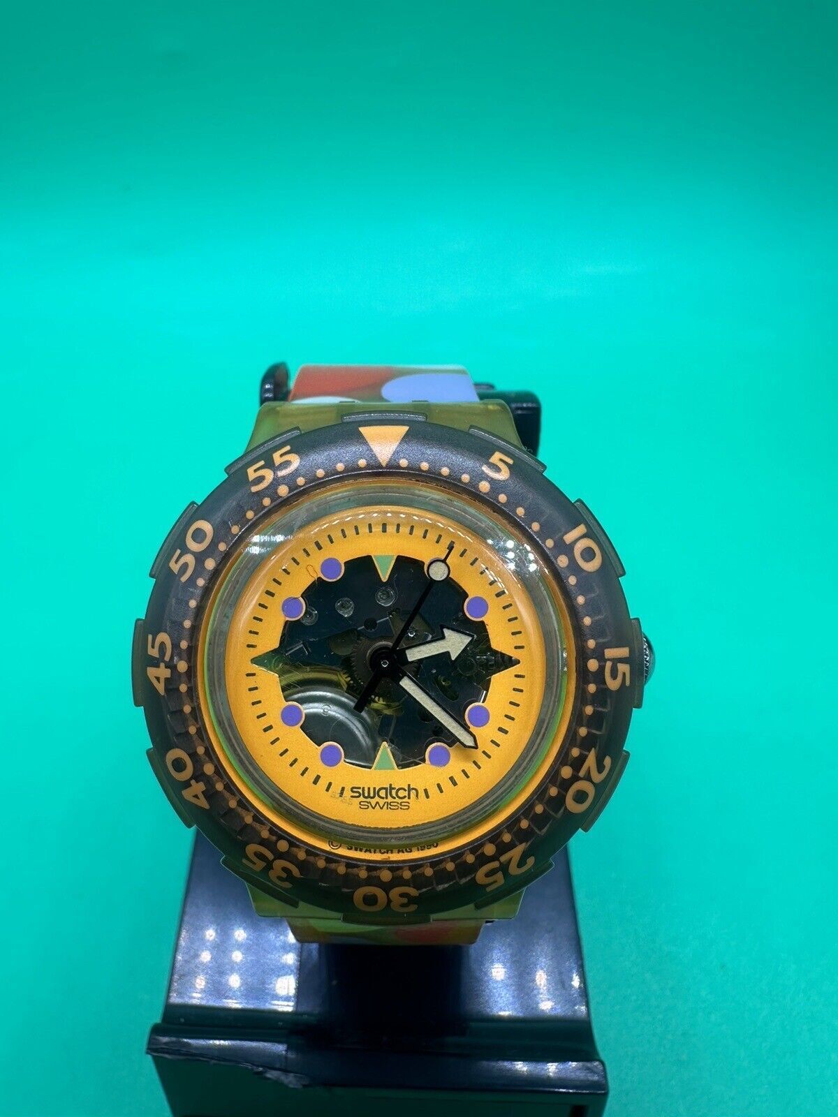 Vintage 1990 Purple and Orange Swatch Scuba Skeleton Quartz Watch Swiss Made