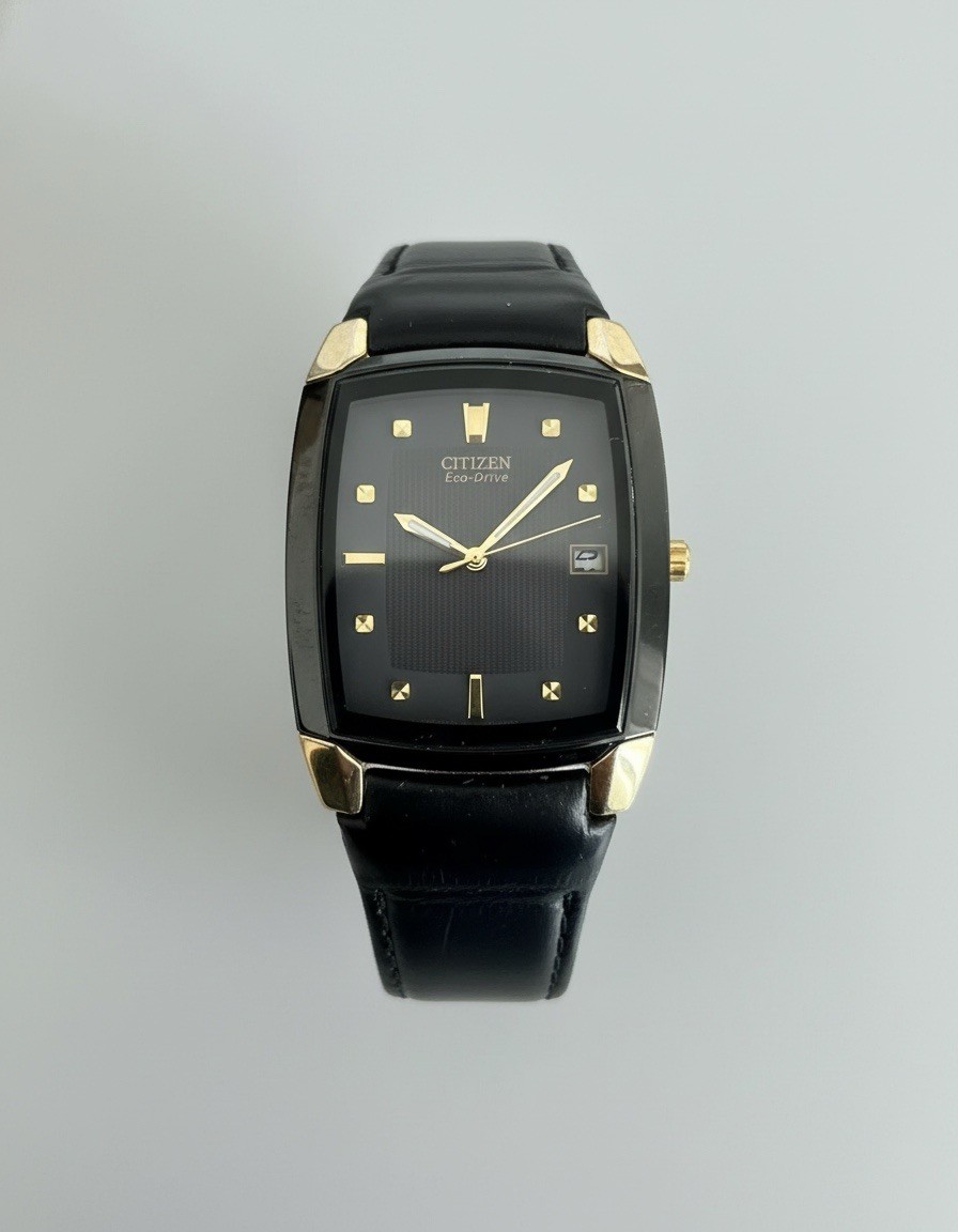 Citizen Eco-Drive Solar Tone Black Gold Square Leather Strap Watch E111-S049393