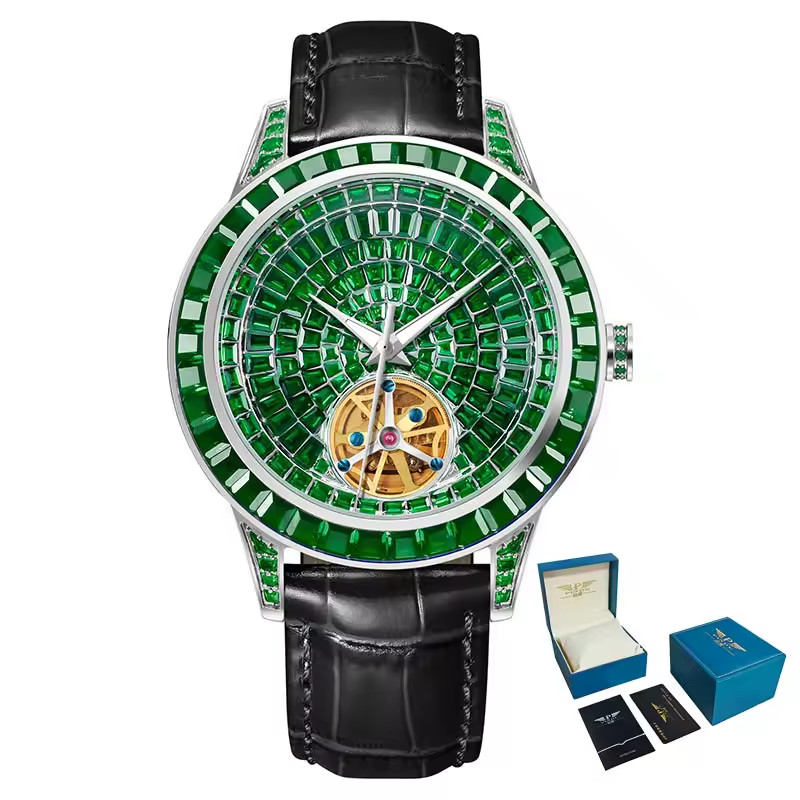 🔥USA🔥PINDU Men’s Automatic Watch Mineral Glass Green Black Leather P5037