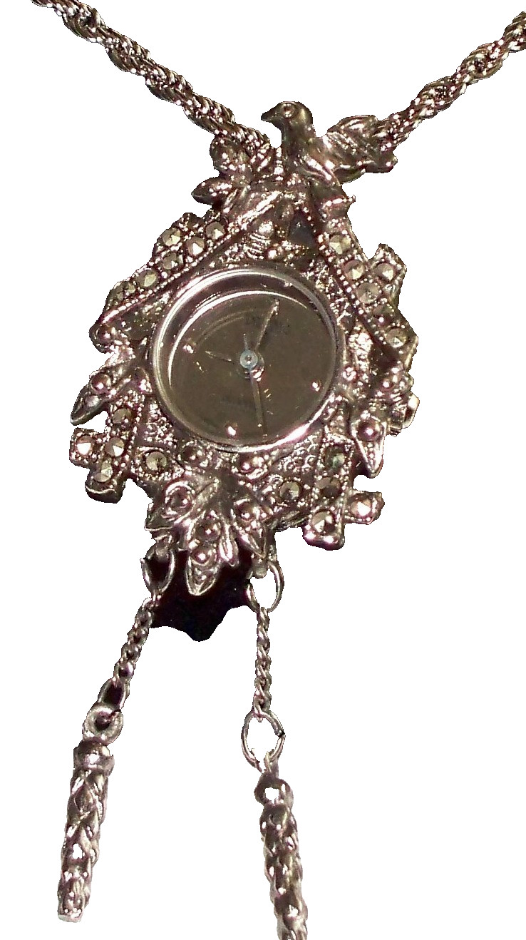 NEW VTG Marcasite Cuckoo Pendant Watch W/ SS 28” Rope Chain – Quartz Watch – K2