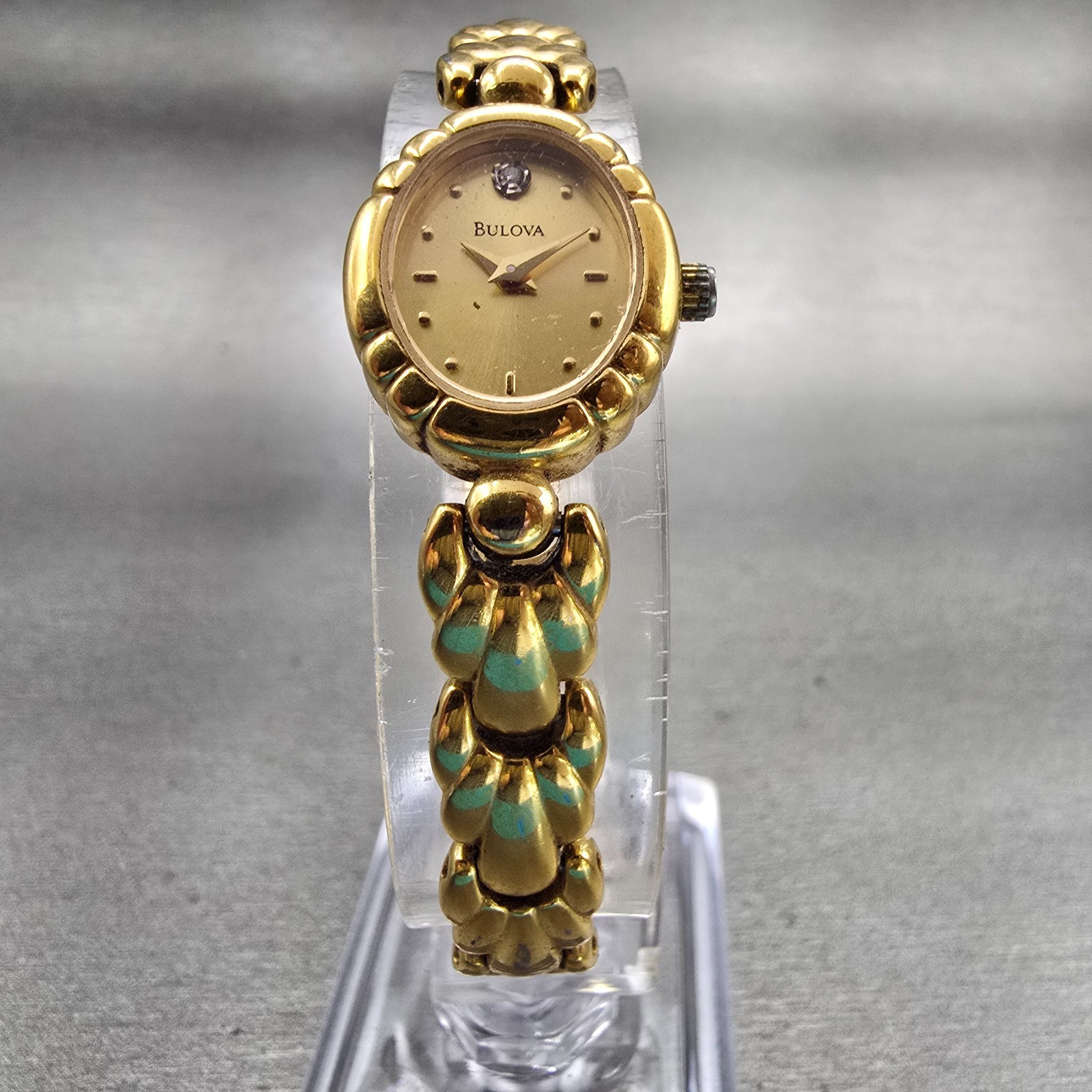 Bulova Watch Women 16mm Gold Dial Gold Tone Oval Diamond Accent New Battery VTG