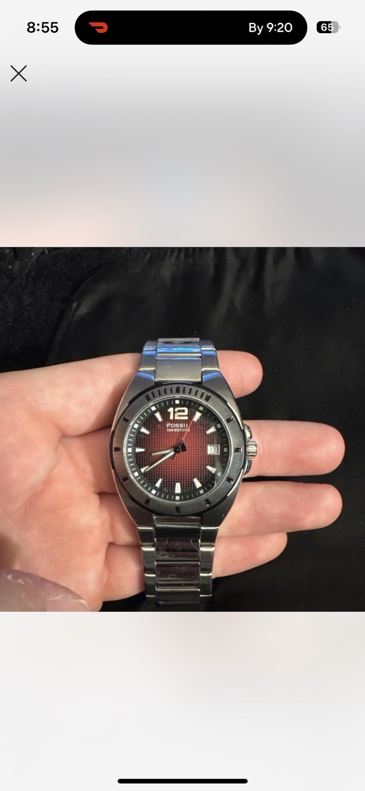 Fossil Men’s Sport Analog Wristwatch Red Brick Dial Date Silver Metal Bracelet
