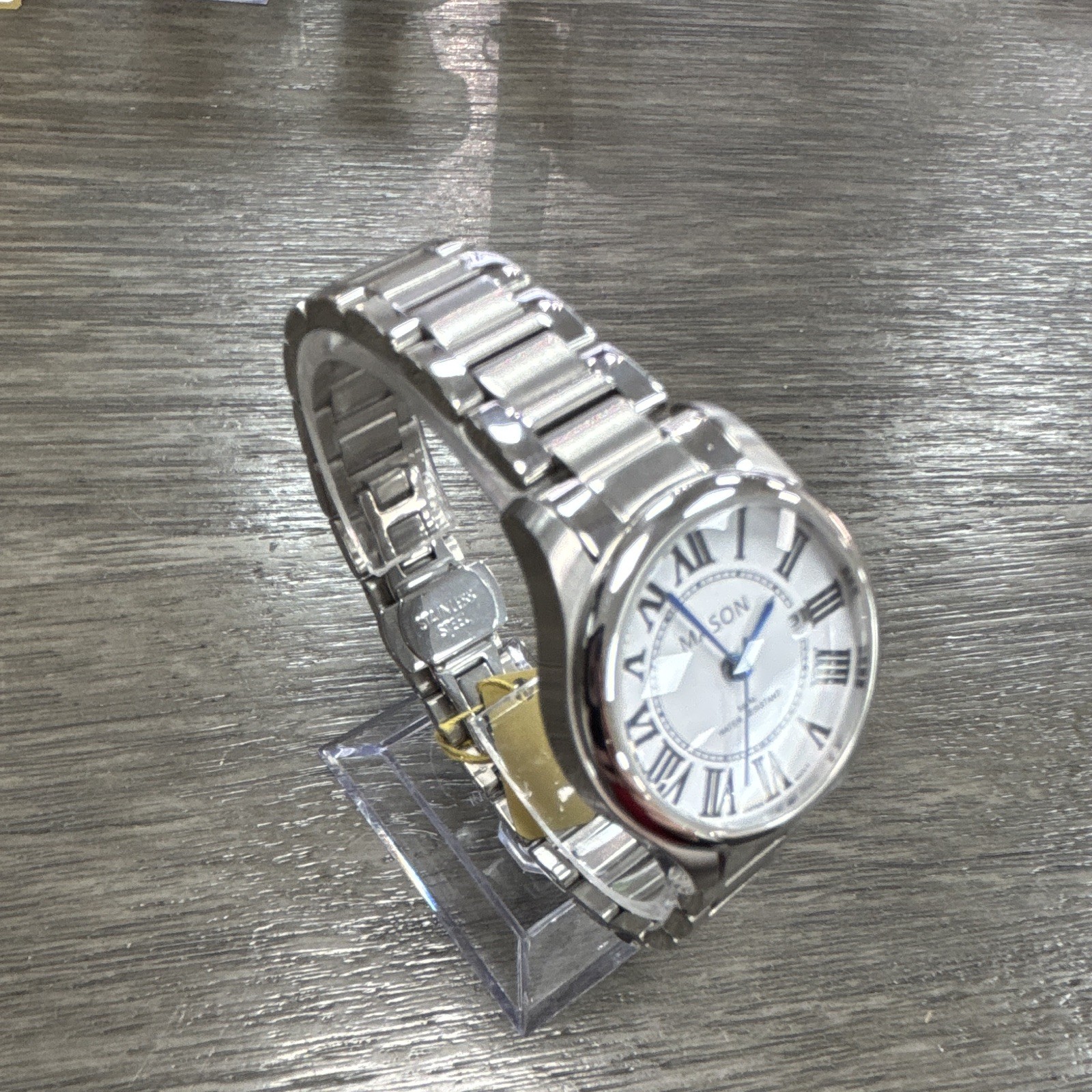 Mason Quartz Analog Wristwatch Silver Stainless Bracelet White Roman Dial