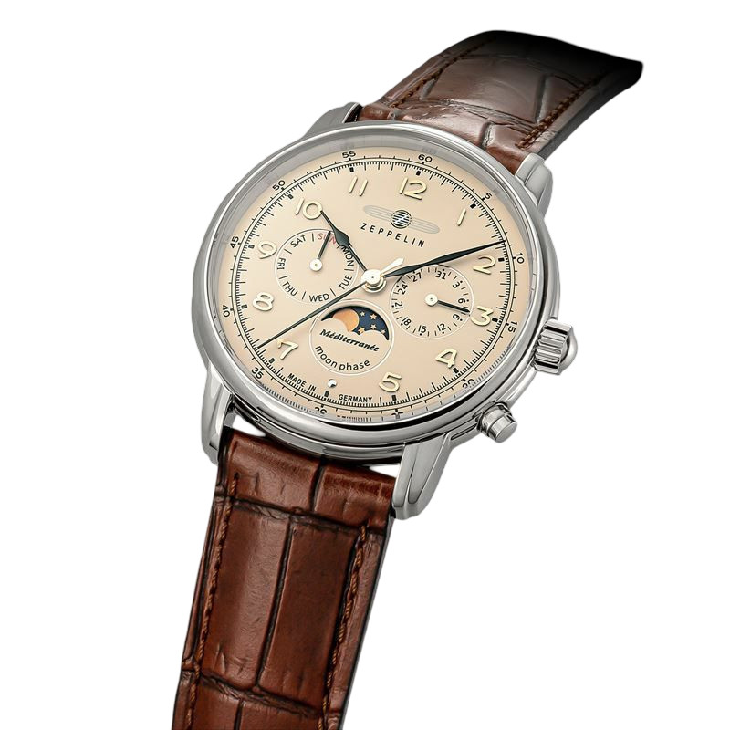 Zeppelin Moonphase Men’s Watch Beige Dial 9636-5 Leather Band Day Date