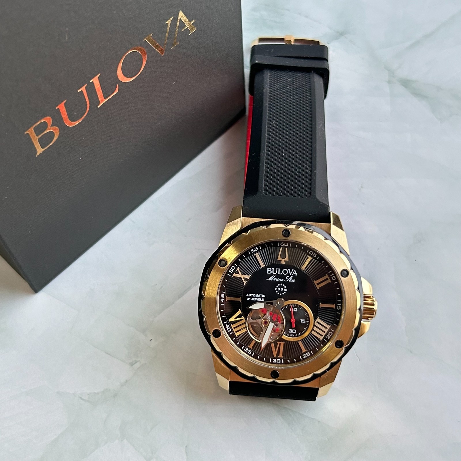 Bulova Marine Star 98A272 Black/Gold Dial Silicone Men Automatic Watch 45mm New