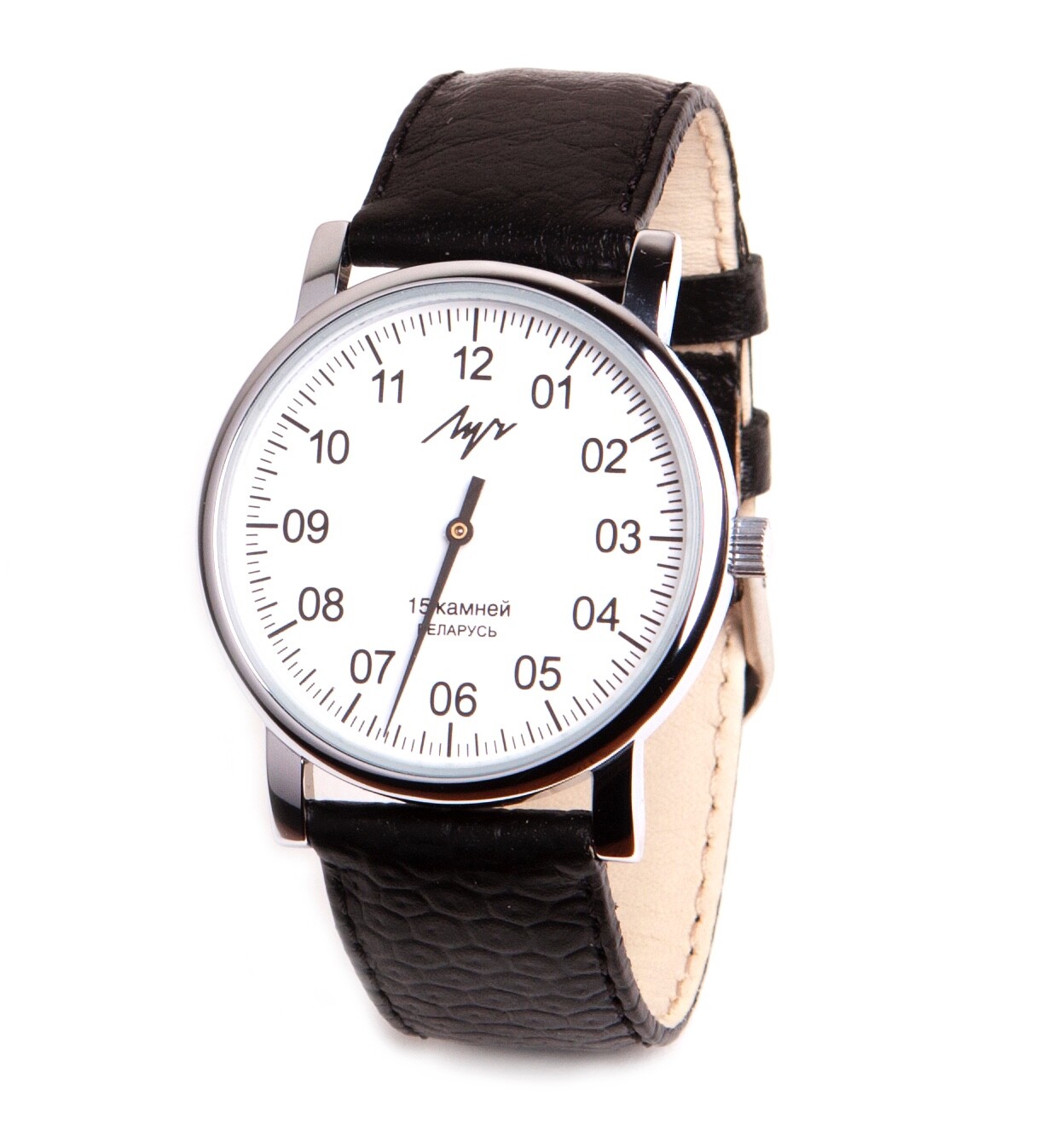 Luch One Hand 77471760 36mm White Chrome Case with Black Leather Band Men’s…