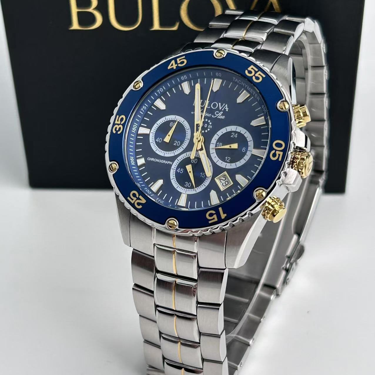 New Bulova Marine Star -98B400- Men’s Chronograph Quartz Watch Blue Dial 41.5 mm