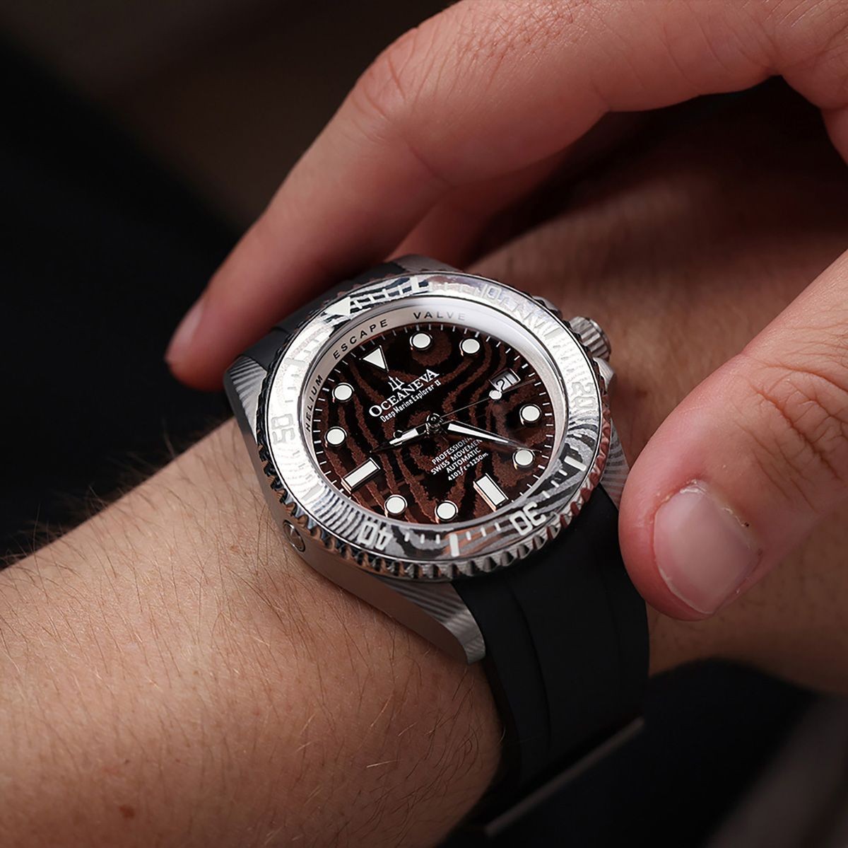 Oceaneva Deep Marine Explorer II 1250m Coffee Brown Damascus Dial Watch Rubber