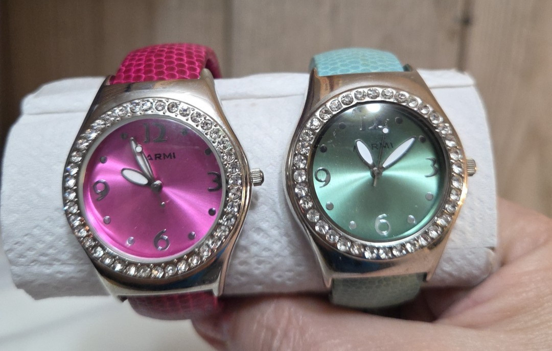 NARMI Lot of 2 CUFF BRACELET WATCHES, Clear Rhinestones, PINK & AQUA, untested