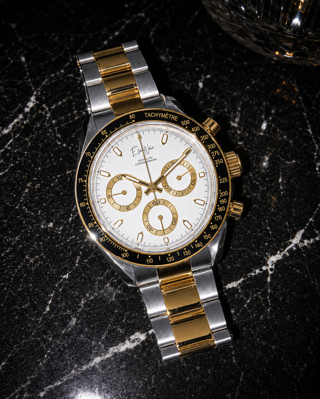 Élan Noir Chronograph Watch VK63 White Dial Two Tone Sapphire Crystal Steel 40mm