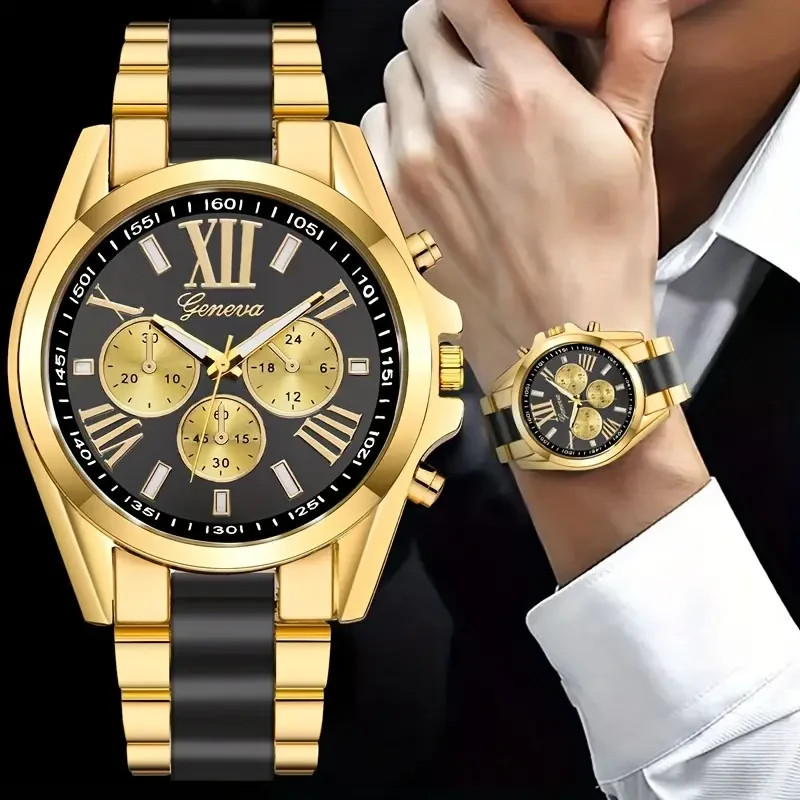 Men’s Luxury Golden-Tone Retro Quartz Watch Roman Numerals – Elegant Casual Watc
