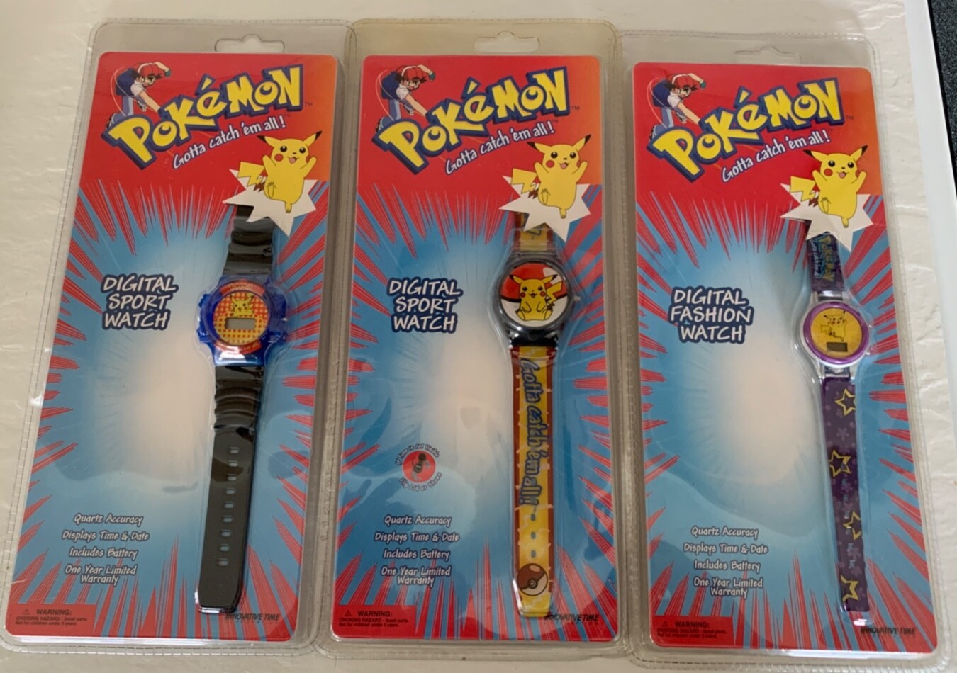 3 Pokemon Collectable Watches  1995 1999 New In Package Vintage Sealed