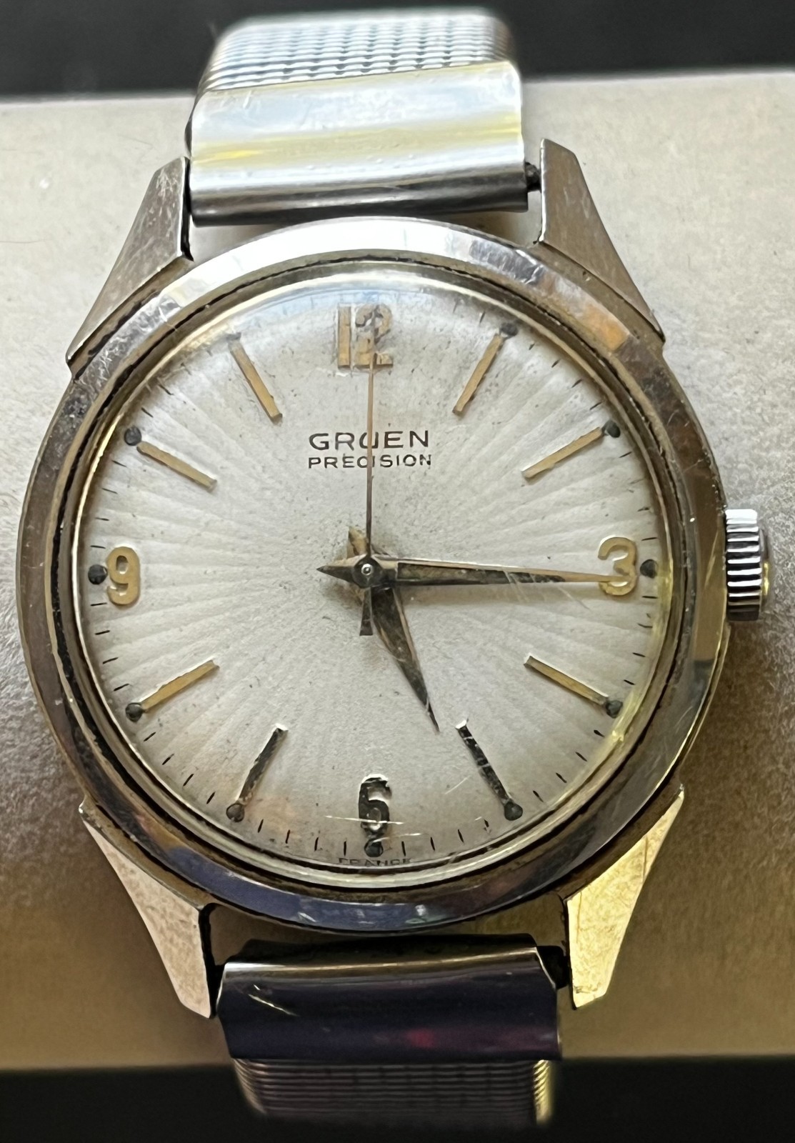 Vintage Gruen Precision 17J White Starburst Dial Stainless Swiss France Watch