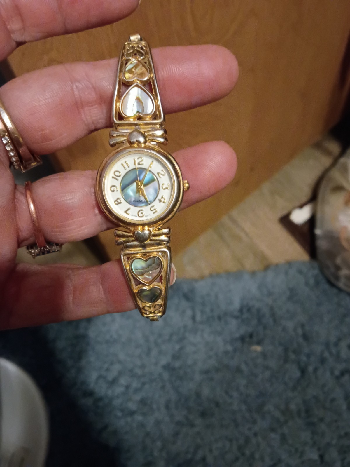 Wrangler Vintage Ladies Mother Of Pearl Hearts Watch Gold Plated Expansion Strap