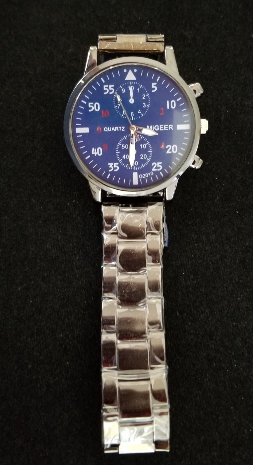 NWOT Migeer Men’s Gunmetal Watch Blue Dial Faux Chono Link Band 7.5″ New Battery